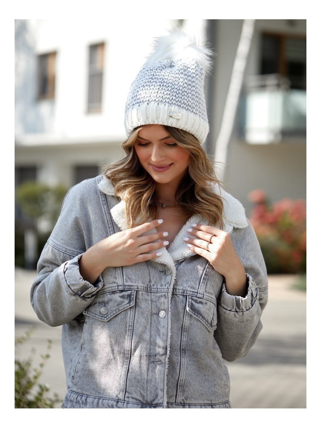 Cream herringbone winter hat C44 - Online store - Boutique